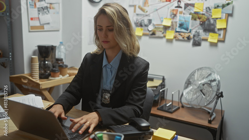 Foto Caucasian woman detective working on laptop in cluttered police station office