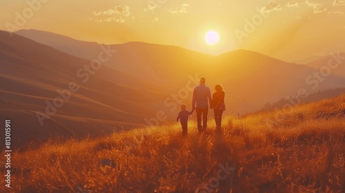 Happy family of father mother and little son having fun in sunset mountains