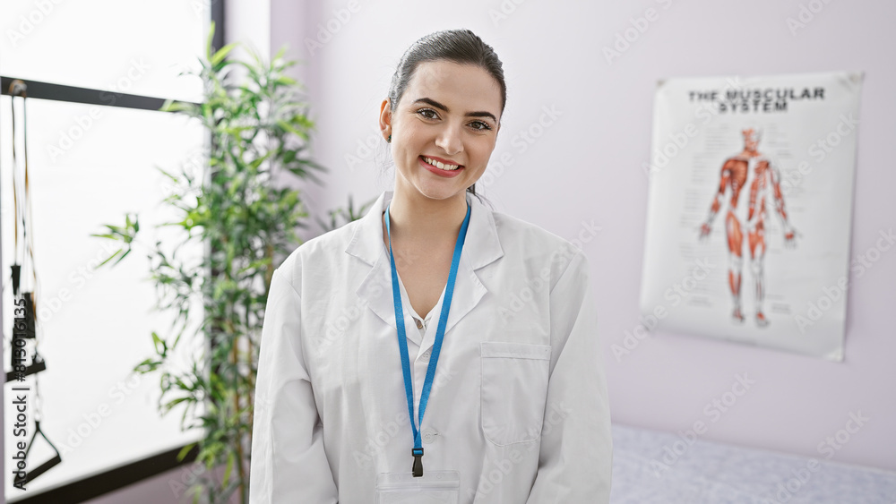 Hispanic woman in white lab coat posing with a friendly smile in a clinic interior with educational posters. Hispanic woman in white lab coat posing with a friendly smile in a clinic interior with educational posters.