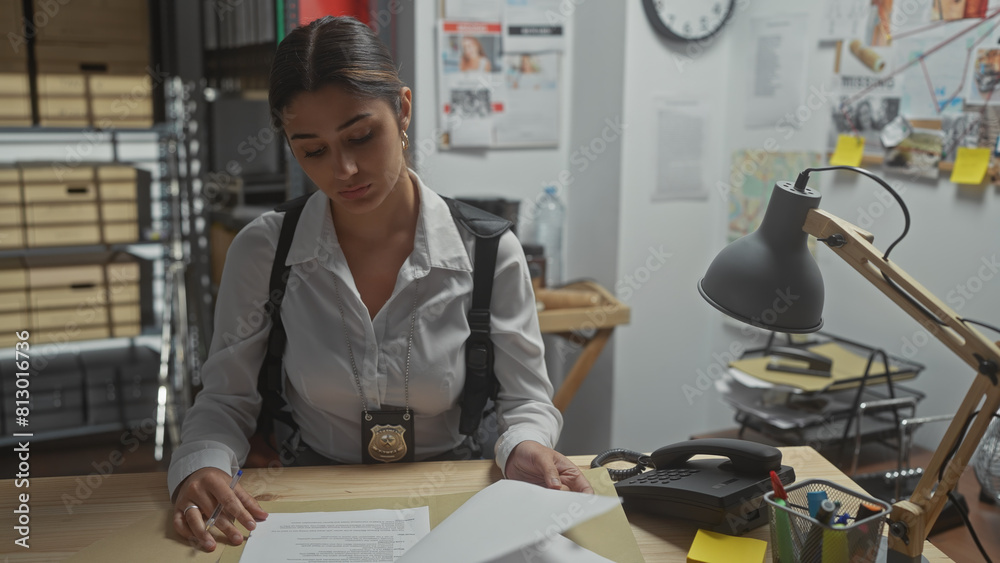 Focused hispanic woman detective working in a busy police station office indoors Focused hispanic woman detective working in a busy police station office indoors