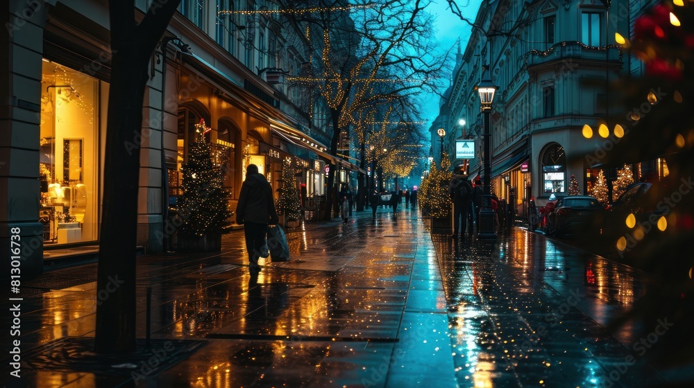 City street at night during a rainy evening with illuminated shops