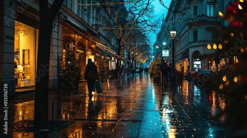 City street at night during a rainy evening with illuminated shops