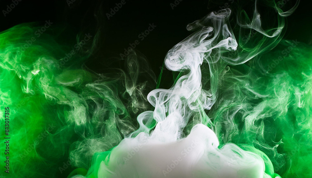 Fototapeta premium Thick green white smoke on black background. Beautiful abstraction. Fluffy smoke cloud.