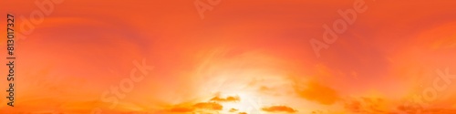 360 panorama of glowing sunset sky with bright pink Cirrus clouds. HDR 360 seamless spherical panorama. Full zenith or sky dome sky replacement for aerial drone panoramas. Climate and weather change.