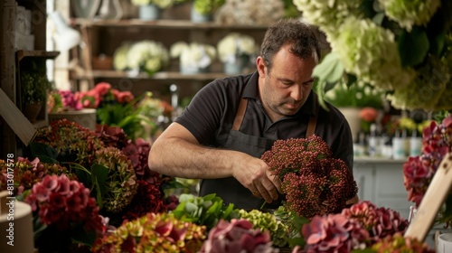 Florist at work: how to make floral arrangement with gloriosa superba, rose, hortensia and sedum flower. Step by step, tutorial.