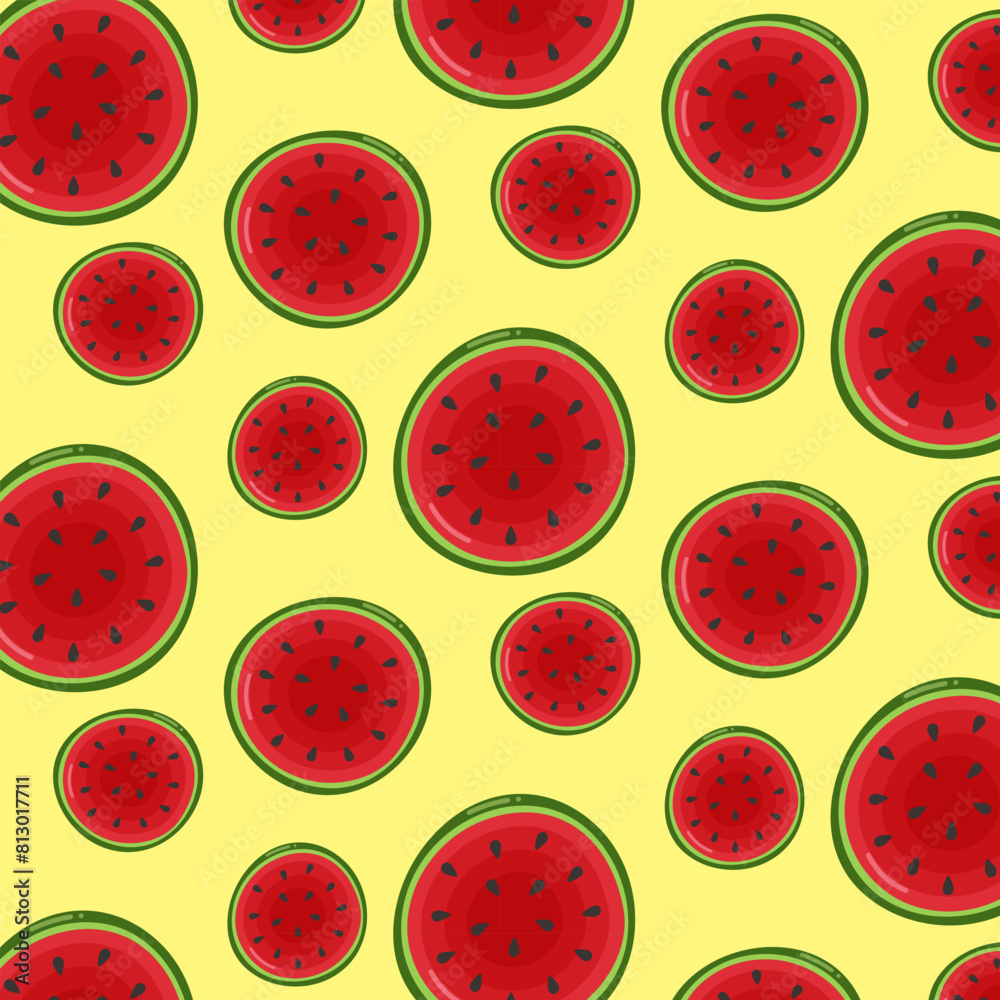 A summer pattern with watermelons in a section on a yellow background of different sizes in the flat style. A summer pattern with watermelons in a section on a yellow background of different sizes in the flat style.