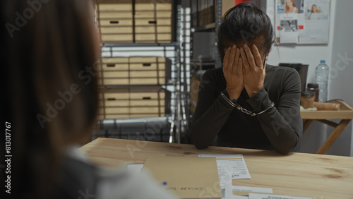 Handcuffed woman covers face in shame at police station, evidence envelopes on desk hint at legal trouble.