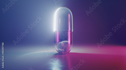 Gleaming pharmaceutical capsule in a spotlight's beam  revealing its glossy  pristine surface as a symbol of medical innovation photo