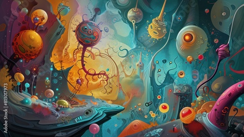 Abstract background of colorful otherworldly scene. It features a variety of strange, alien-like creatures and objects, including flying spheres and organisms with long, twisting tentacles.