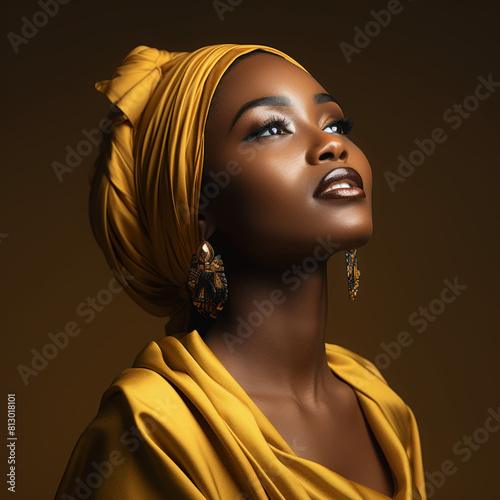 Side view of a strong black woman female leader with afro in a black top and ear rings all smiles, looking beautiful 