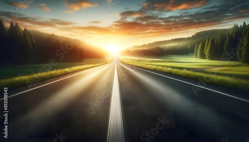 Serene Sunrise Over Empty Road with Green Fields and Dense Forests