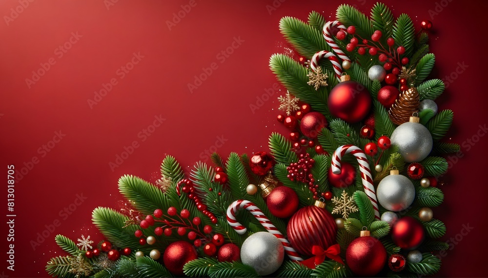 Festive Christmas Border with Pine Branches and Decorations on Red Background