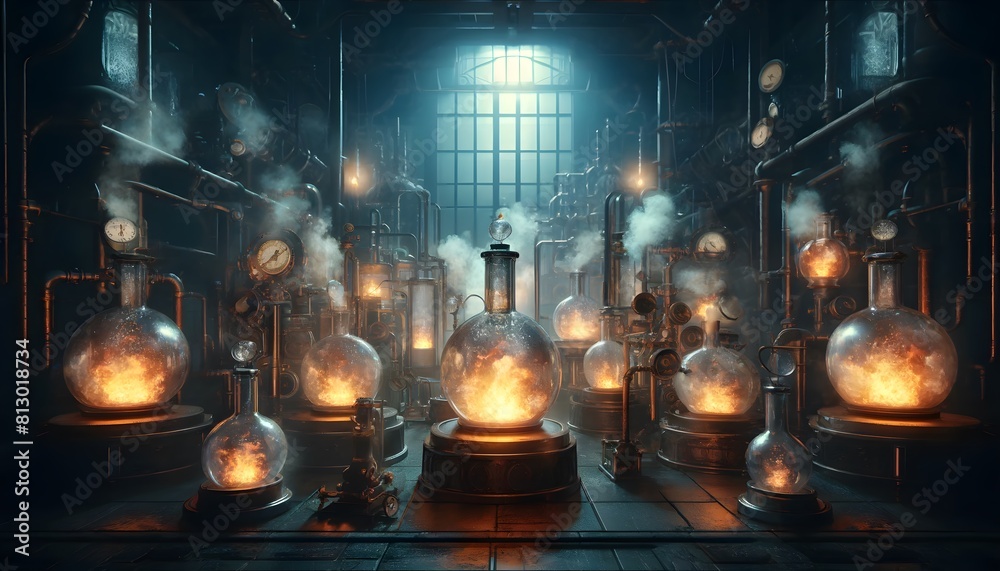 Steampunk Laboratory: Wide View of Mysterious Fiery Experiments