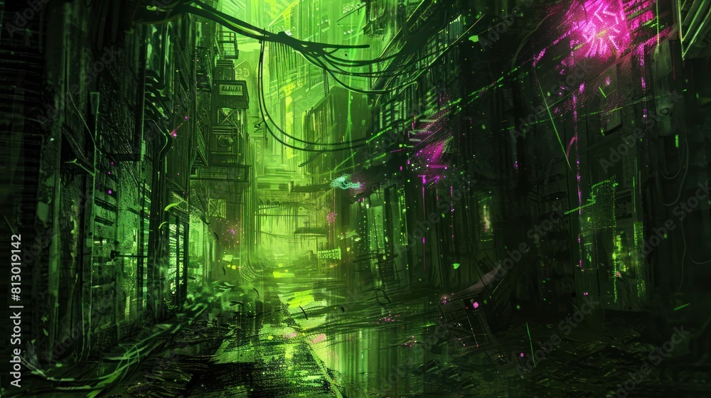 Obraz premium post-apocalyptic city narrow street, lime green lights background