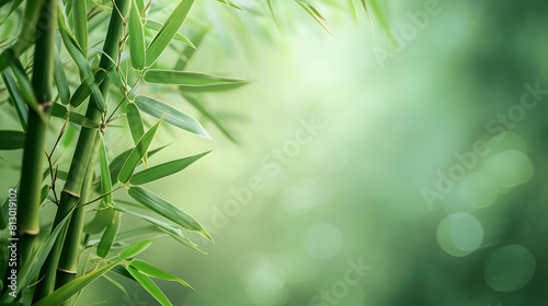 Tranquil bamboo foliage against a light green backdrop  offering space for customization