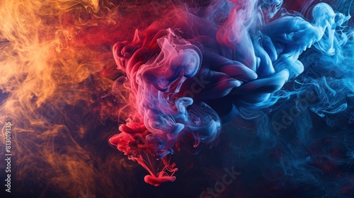 Colorful swirl of red  blue and yellow smoke on a black background. The smoke moves  creating an abstract and dynamic composition.