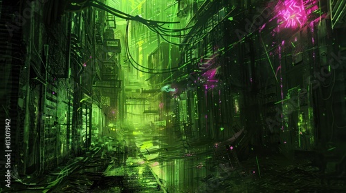 post-apocalyptic city narrow street, lime green lights background