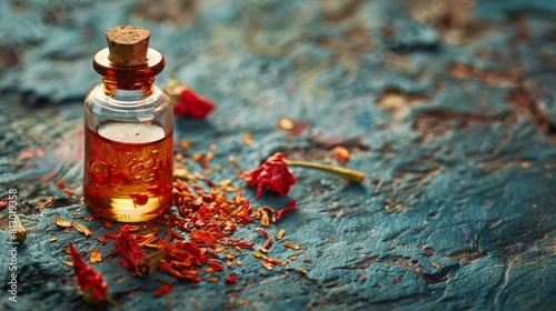 Small vintage bottle with red chili pepper tincture for preparing homemade healing mask anti hair loss. Baldness, alopecia natural remedy. Diy cosmetics recipe. 