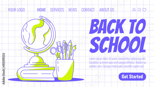 Globe, school supplies and book. Back to school, education, learning concept. Vector modern template for web, banner, poster, landing page, website. Checkered background
