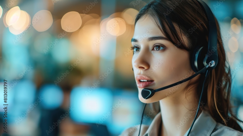 A woman wearing a headset with a blurred background of a computer room. A woman wearing a headset with a blurred background of a computer room.