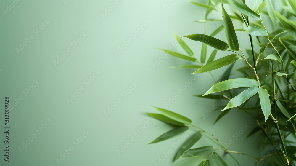 Fototapeta premium Calm bamboo foliage on a light green surface, creating room for text
