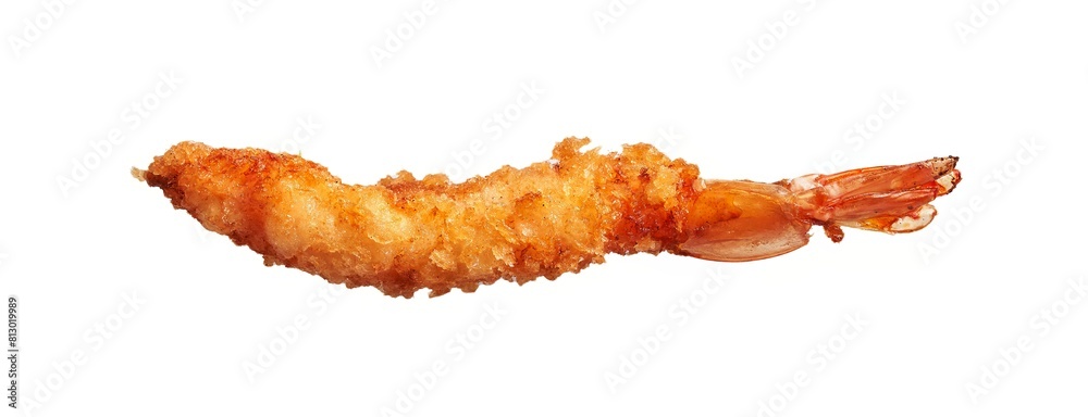 Isolated deep-fried shrimp with crispy batter on a white background, visible tail, seafood cuisine concept. Isolated deep-fried shrimp with crispy batter on a white background, visible tail, seafood cuisine concept.