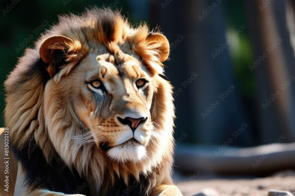 Fototapeta premium portrait of a lion, focus that details its intense gaze and magnificent mane. The background is softly blurred. majestic beauty of wildlife