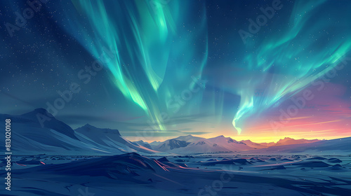 Aurora Over Frozen Tundra: A vast arctic spectacle under the dance of the northern lights flat design backdrop concept