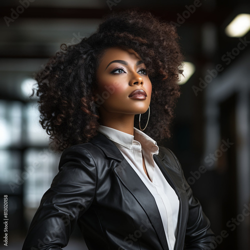 side view of strong black woman female corporate leader with afro in jacket top and ear rings all smiles looking beautiful 