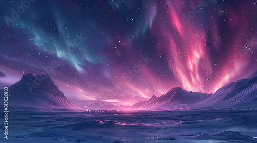 Arctic beauty: Flat design backdrop of Aurora over a frozen tundra, showcasing the stunning dance of the northern lights on a vast icy landscape.