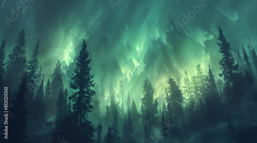 Aurora Through the Forest  The northern lights illuminate a forest with ethereal green light casting an otherworldly glow among the trees. Flat design concept.