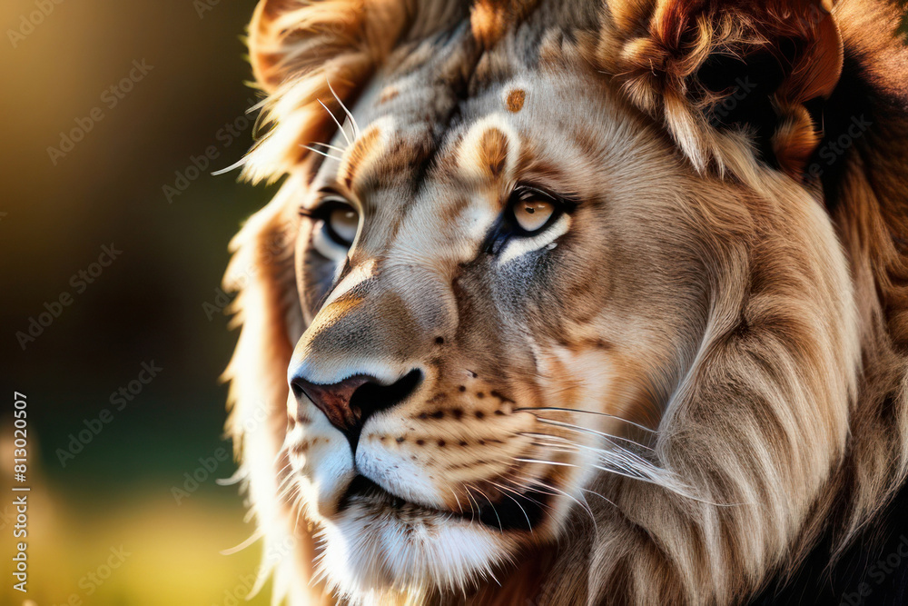 portrait of a lion, focus that details its intense gaze and magnificent mane. The background is softly blurred. majestic beauty of wildlife