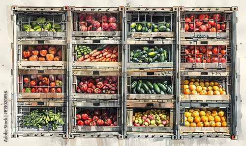Colorful display of fresh vegetables organized in wooden crates on a light background. Generate AI