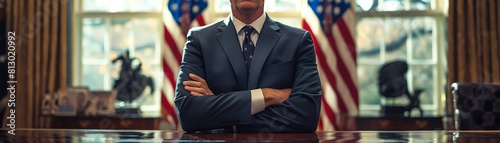 US male politician sitting at his desk, arms crossed, with multiple American flags in the background