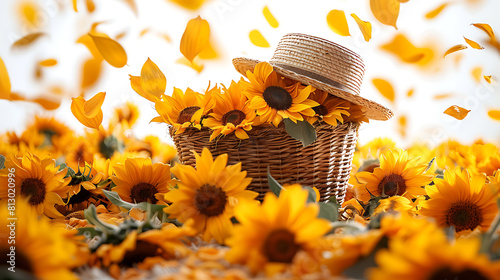 Beautiful sunflower petals fall from above in a basket with flowers (ID: 813020996)