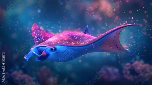 A magical stingray depiction surrounded by glowing particles and undersea flora, exuding fantasy charm photo