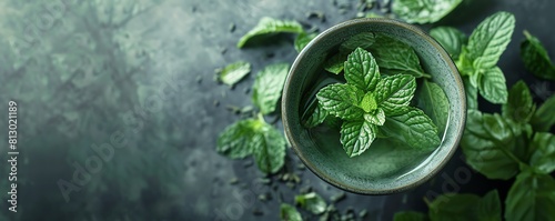 Cup of green tea with fresh mint leaves beside it, symbolizing refreshment and health