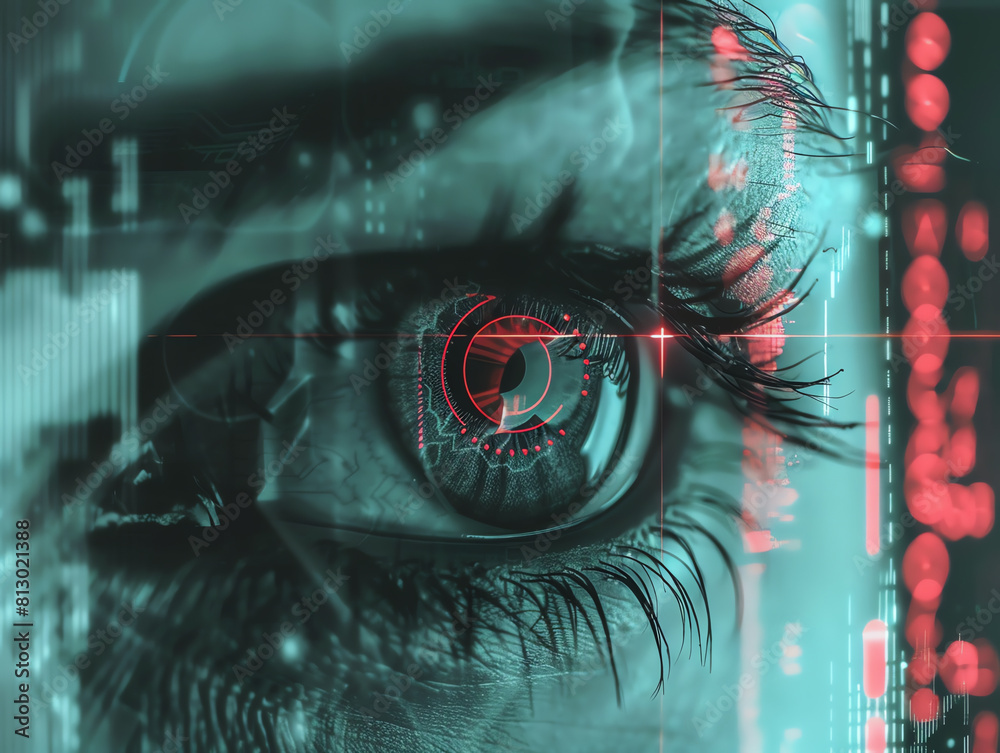 The image shows a woman's eye with a red iris and a green sclera The image shows a woman's eye with a red iris and a green sclera