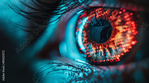 The image shows an eye with a glowing red and blue iris. The eye is looking at the viewer with a sense of intensity. The image is very detailed and realistic. photo