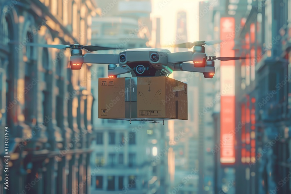 A drone is flying over a city with a box on it. Logistic concept A drone is flying over a city with a box on it. Logistic concept