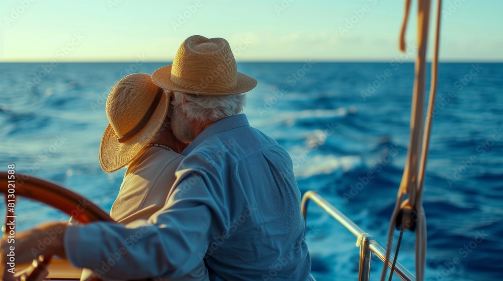 Obraz premium An elderly couple enjoys the serenity of their yacht holiday