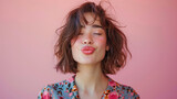 portrait chic woman winking and showing a cheeky, funny face, set against a pastel background. This image exudes a sense of playfulness and style, conveying a lighthearted and fashionable vibe.