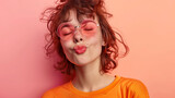 portrait chic woman winking and showing a cheeky, funny face, set against a pastel background. This image exudes a sense of playfulness and style, conveying a lighthearted and fashionable vibe.