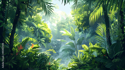 Exotic Wildlife in Rainforest  A Flat Design Backdrop showcasing Nature s Resilience