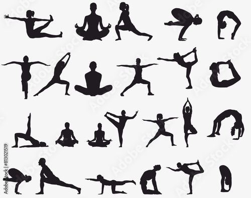 Yoga poses silhouette. Women in different asana. 