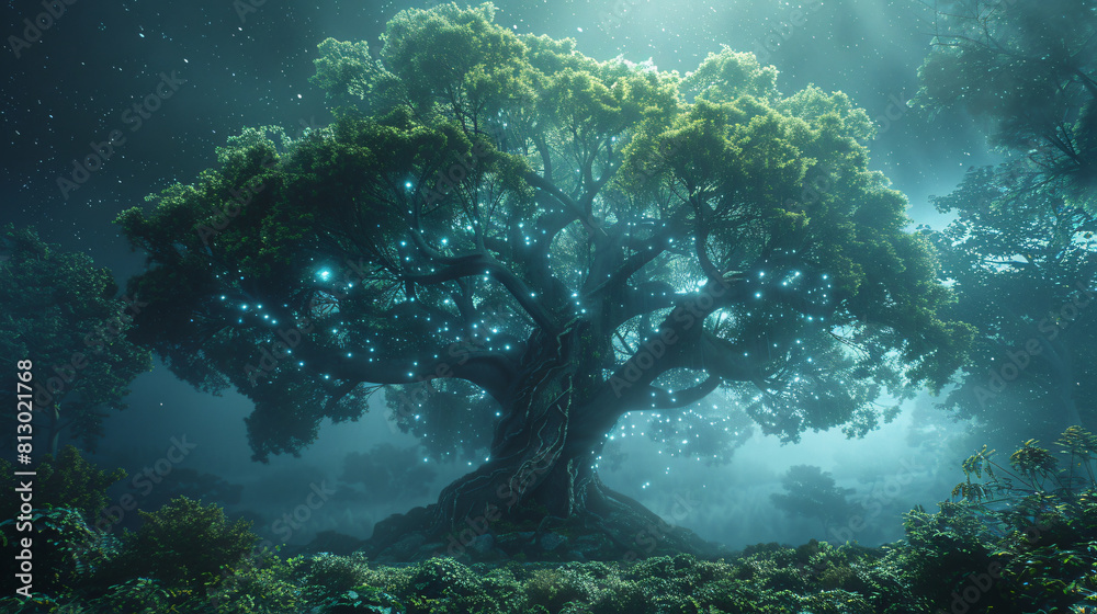 big tree with dense leaves with fog and neon effects big tree with dense leaves with fog and neon effects