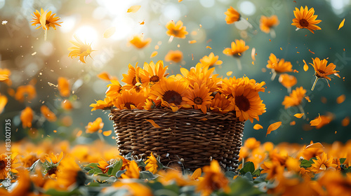 Beautiful sunflower petals fall from above in a basket with flowers (ID: 813021735)