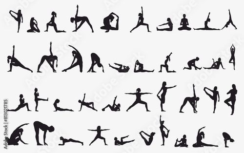 Yoga poses silhouette. Women in different asana. 