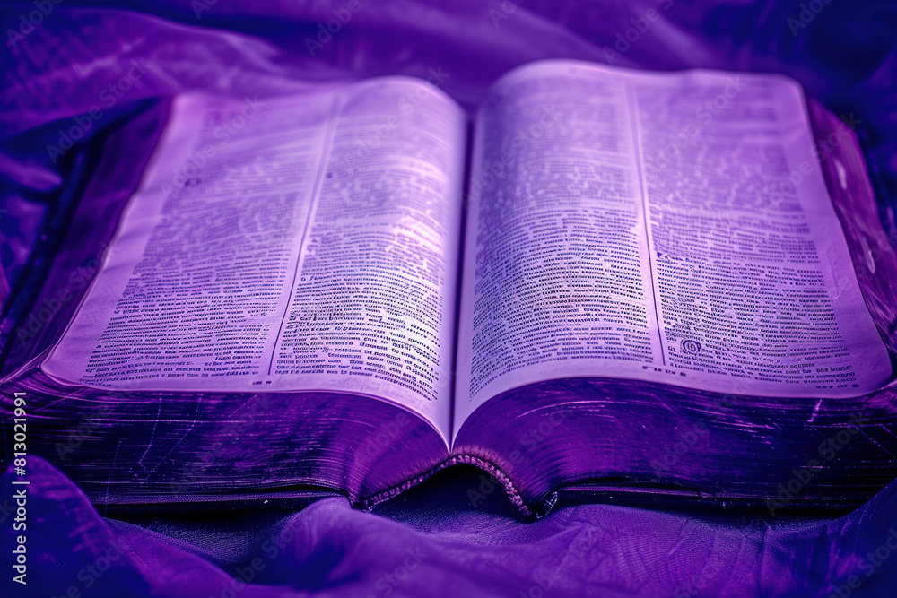Obraz premium Bible Purple Background, open bible, book | Spiritual and Religious Design | Holy Scripture, Christian Faith, SacPurple Text, Divine Inspiration, Divine Wisdom 