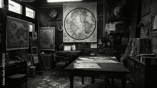 A vintage map makers studio, side view, capturing the art of cartography, scifi tone, black and white photo